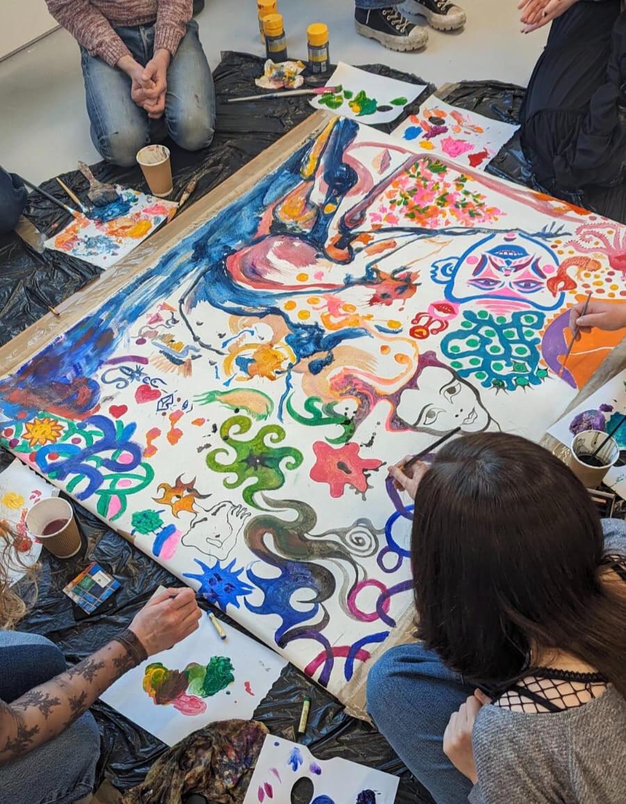 Collaborative painting workshop for Riposte, delivered in QUEERCIRCLE gallery, 2024